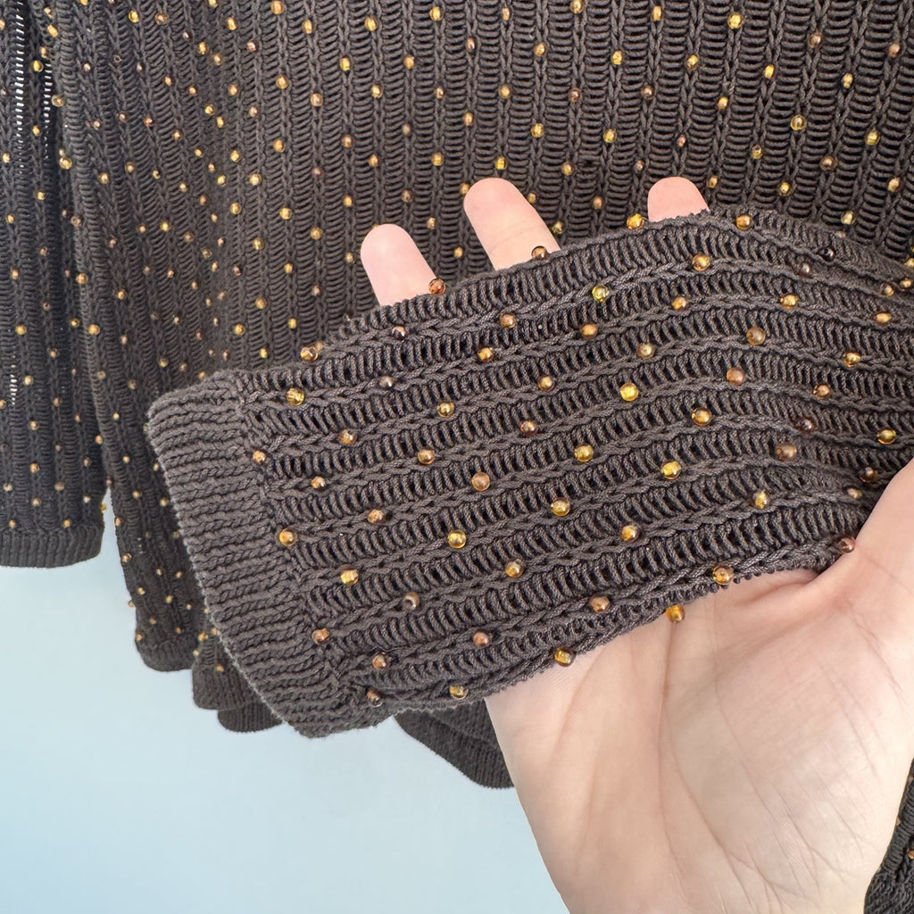 Dana Buchman Womens M Brown Beaded Open Knit Sweater Long Sleeve Crochet