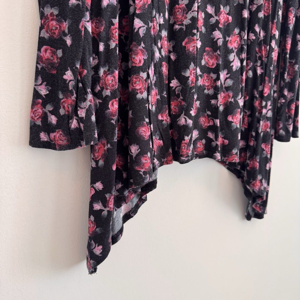 American Rag Floral Tunic Top 1X Black Pink Roses Boho Handkerchief Hem Women’s