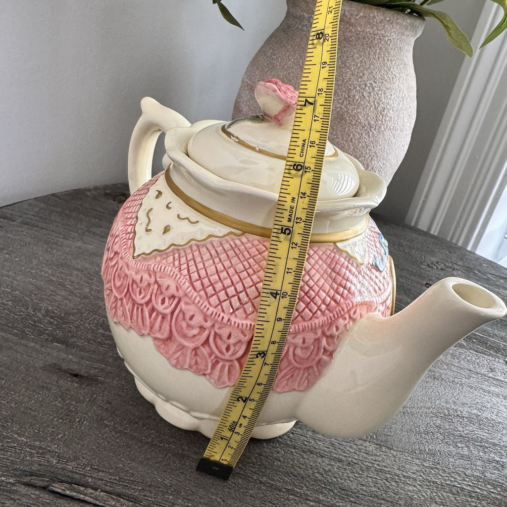 Seymour Mann Romance Teapot Thinking of You Clock Pink Lace Heart Rose Vtg