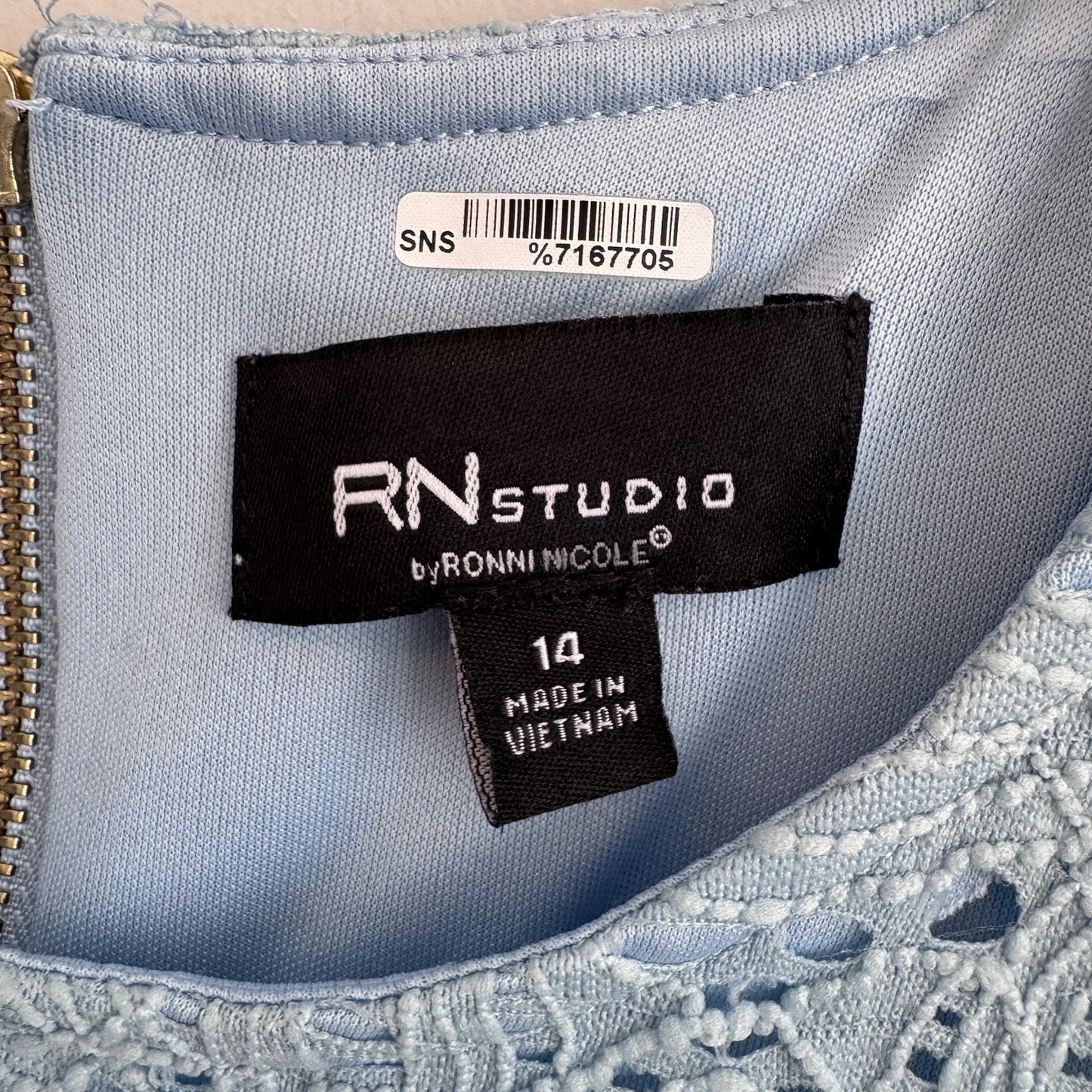 RN Studio Blue Lace Shift Dress Women’s Size 14 Bell Sleeve Lined Zip Back