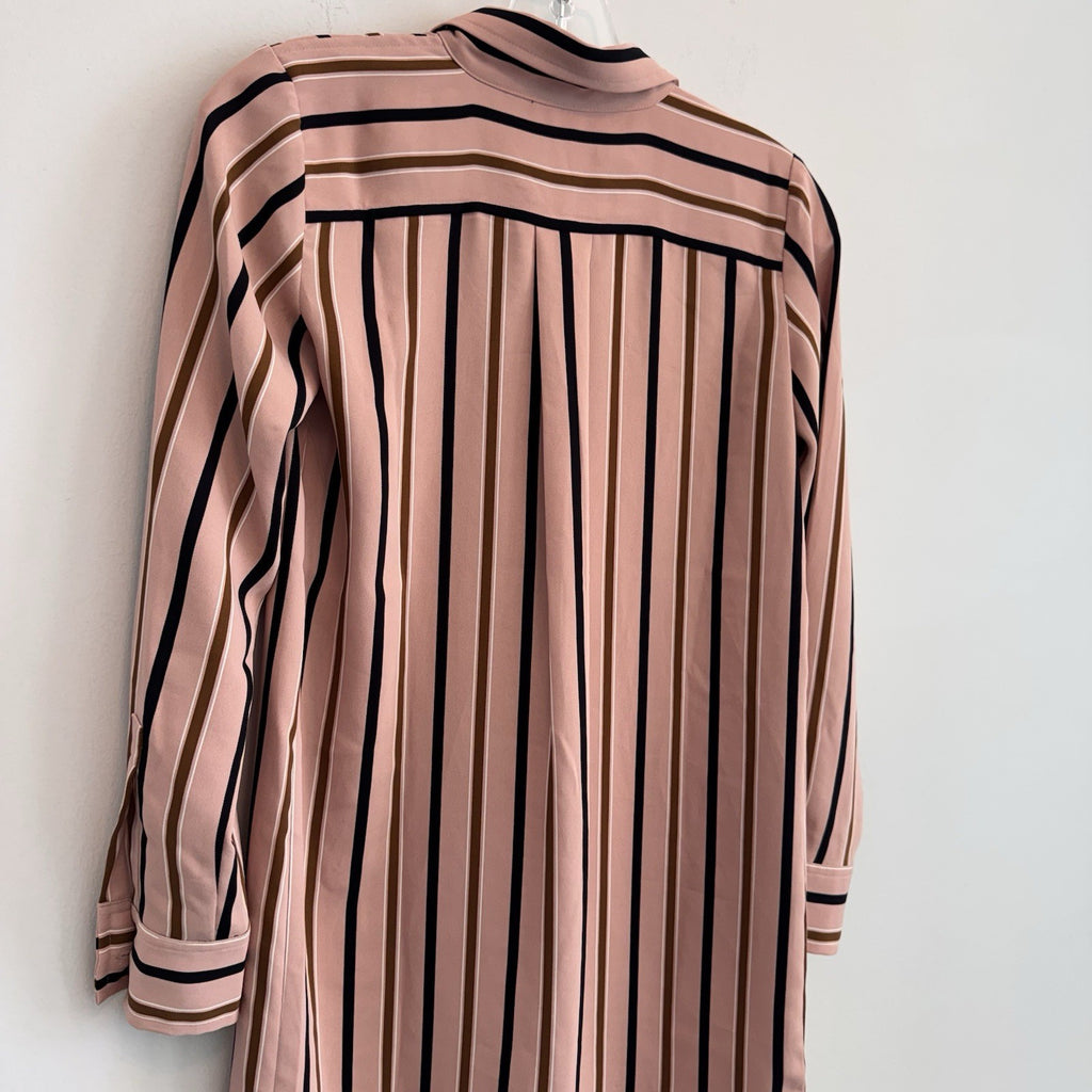 Ann Taylor Petite XXSP Shirtdress Pink Black Brown Striped Long Sleeve Button