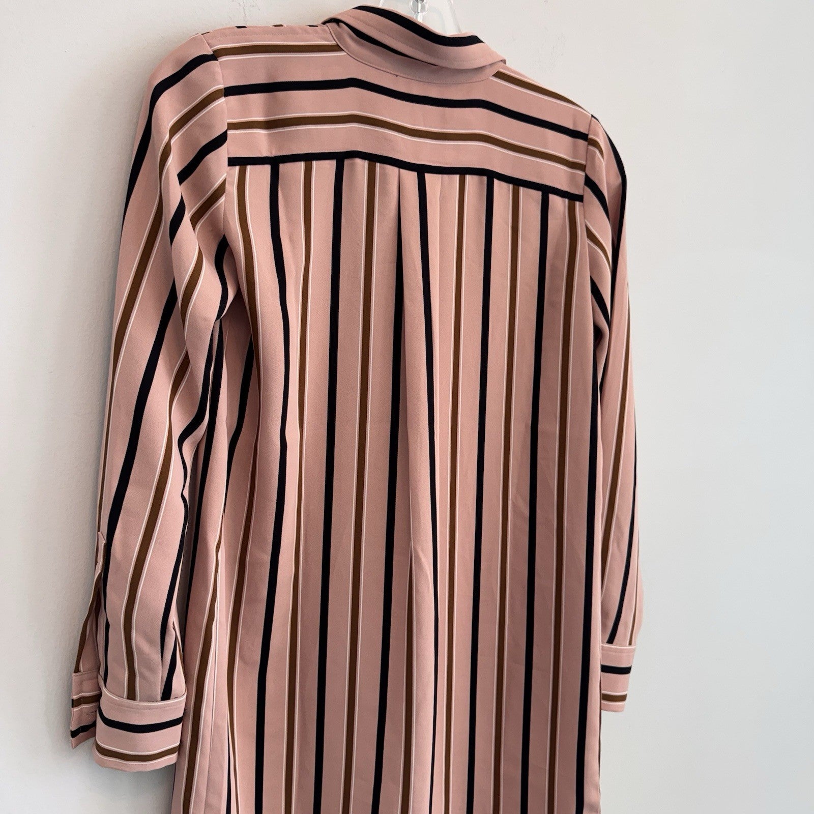 Ann Taylor Petite XXSP Shirtdress Pink Black Brown Striped Long Sleeve Button