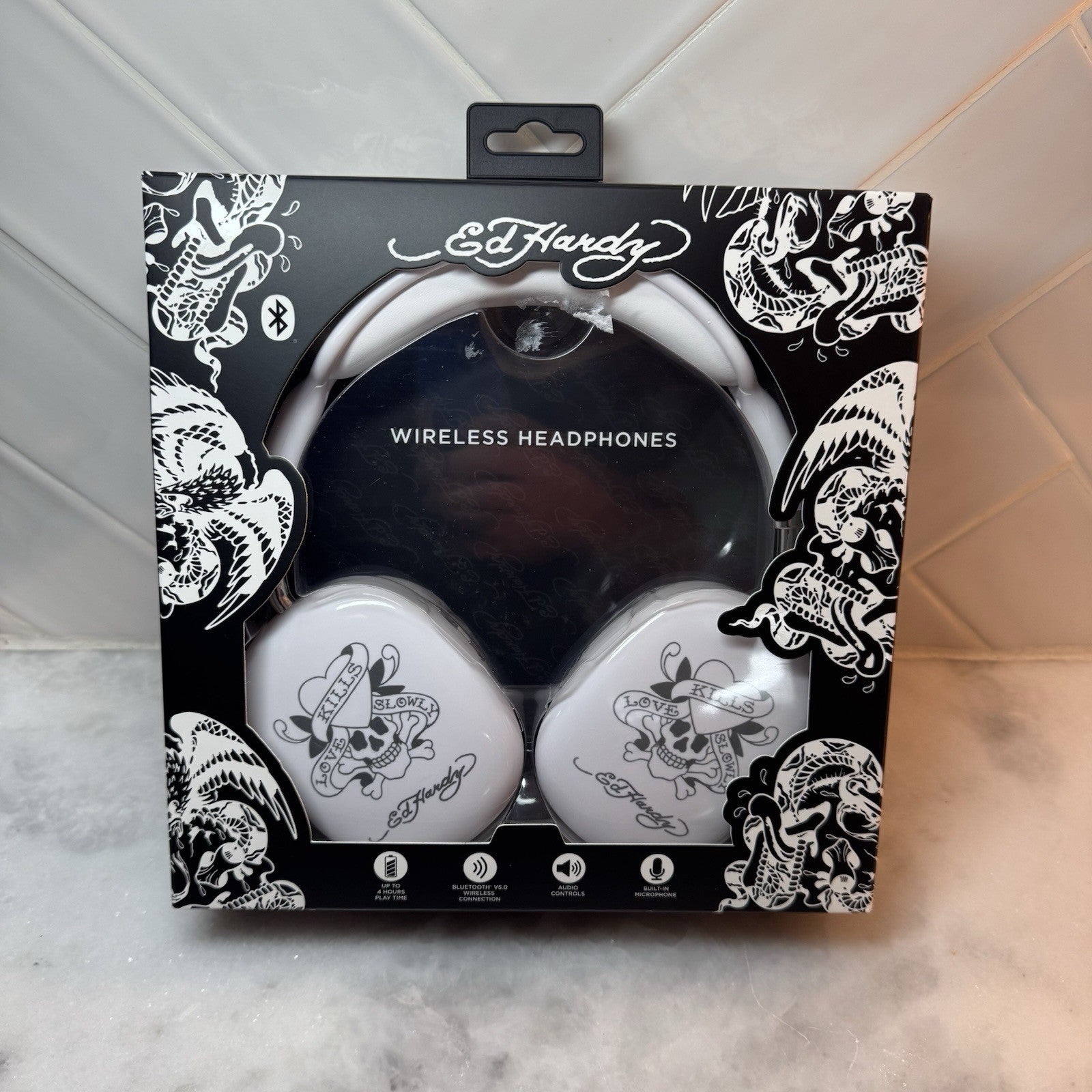 Ed Hardy Bluetooth Over-Ear Love Kills Slowly White New
