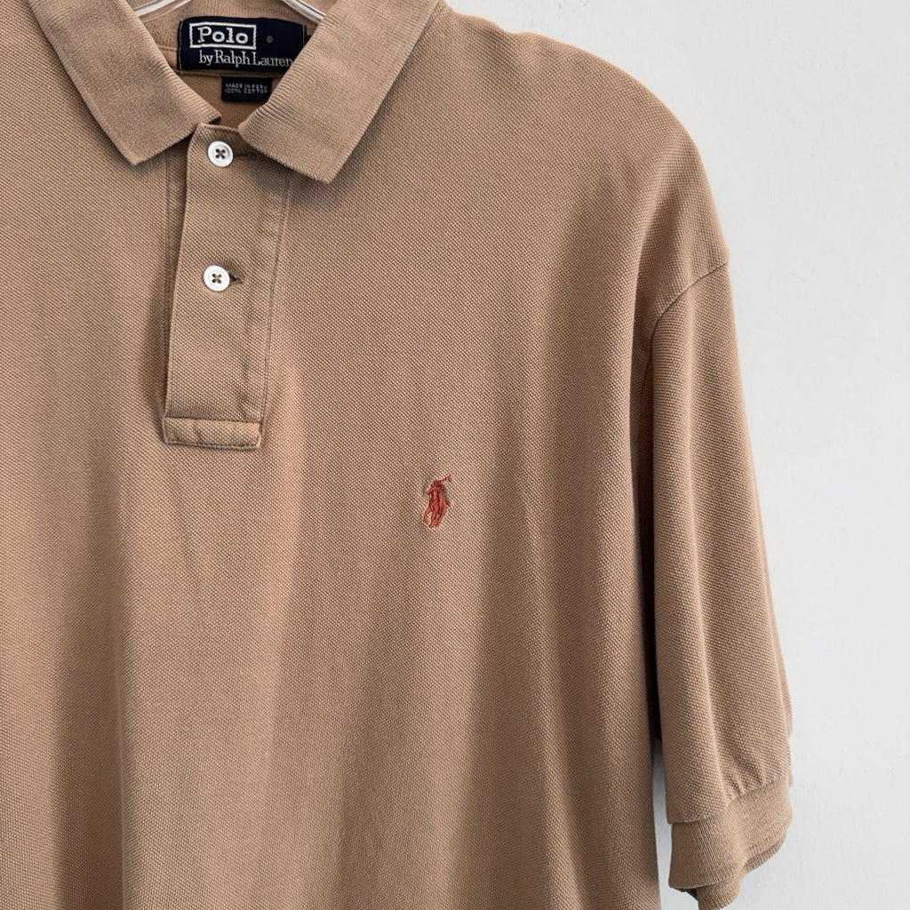 Polo Ralph Lauren Mens Large Tan Khaki Short Sleeve Pique Polo Shirt Pony