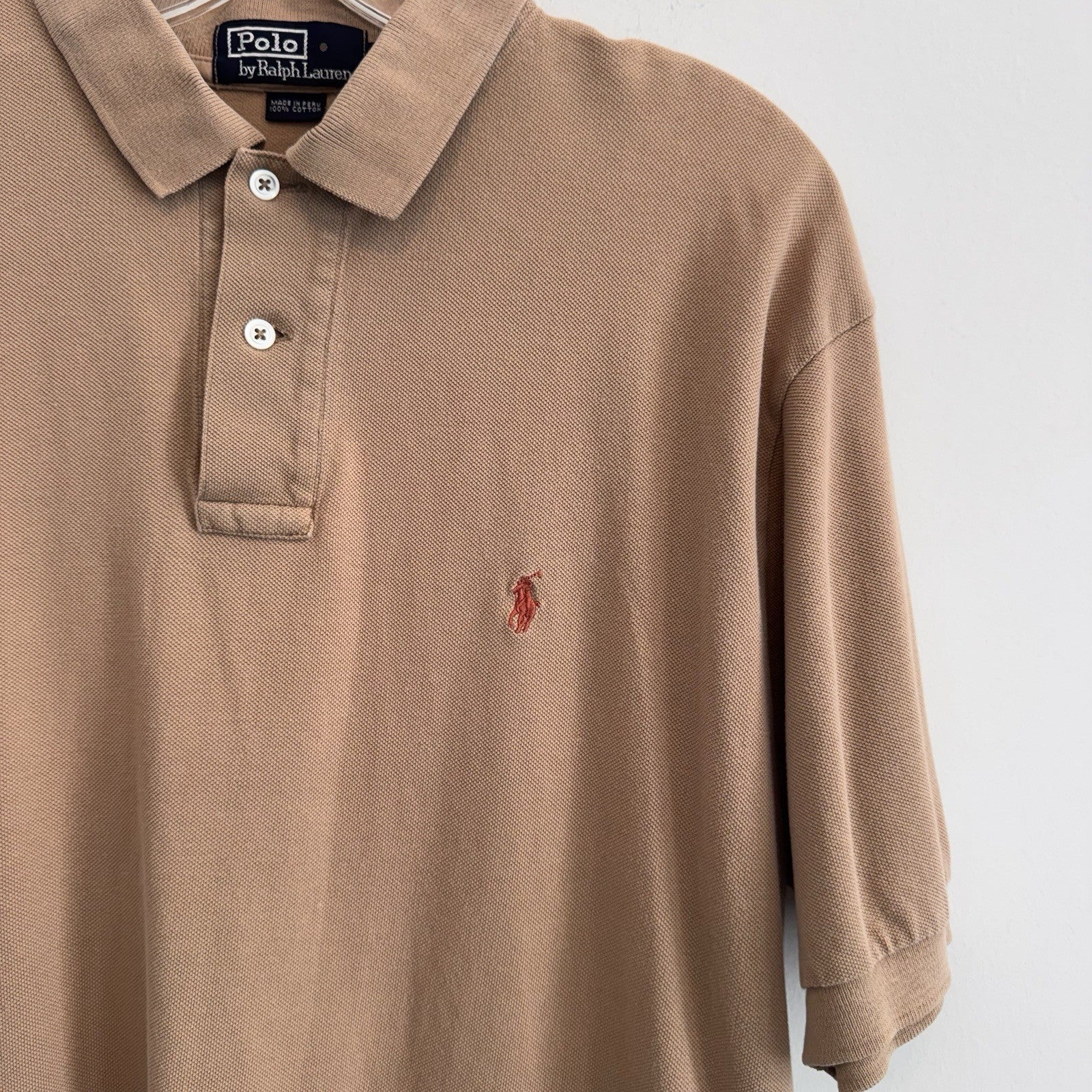 Polo Ralph Lauren Mens Large Tan Khaki Short Sleeve Pique Polo Shirt Pony