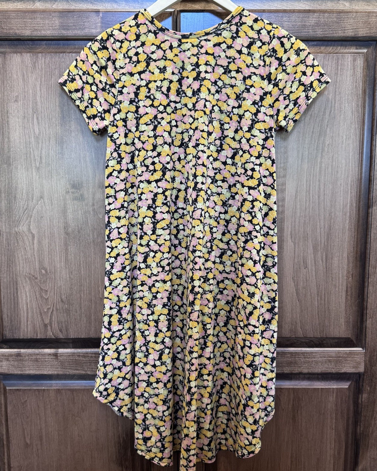 LuLaRoe Girls Floral Swing Dress Size 12 Yellow Pink Black Short Sleeve A-Line