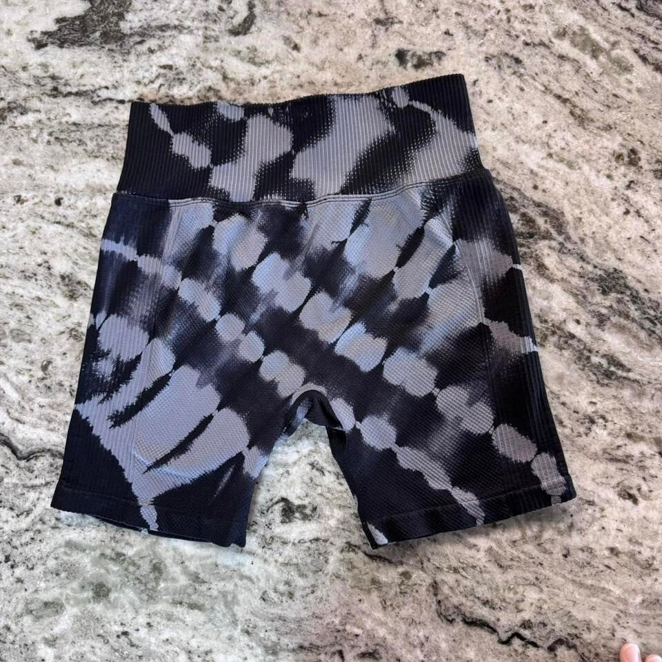 PINK Active High Waist Biker Shorts Size S Black Gray Tie Dye Ribbed Waistband