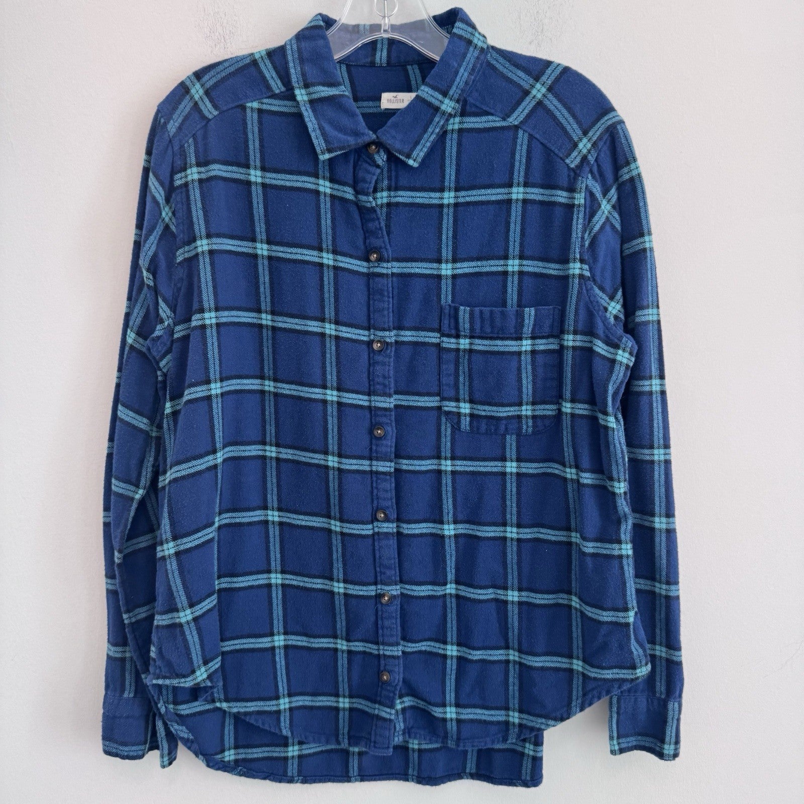 Hollister Blue Plaid Flannel Button Up Shirt Women’s L Cotton Oversized