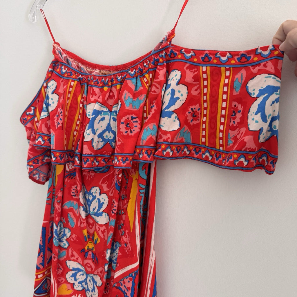 Flying Tomato Red Boho Floral Dress Women's XS Off the Shoulder Ruffle Rayon