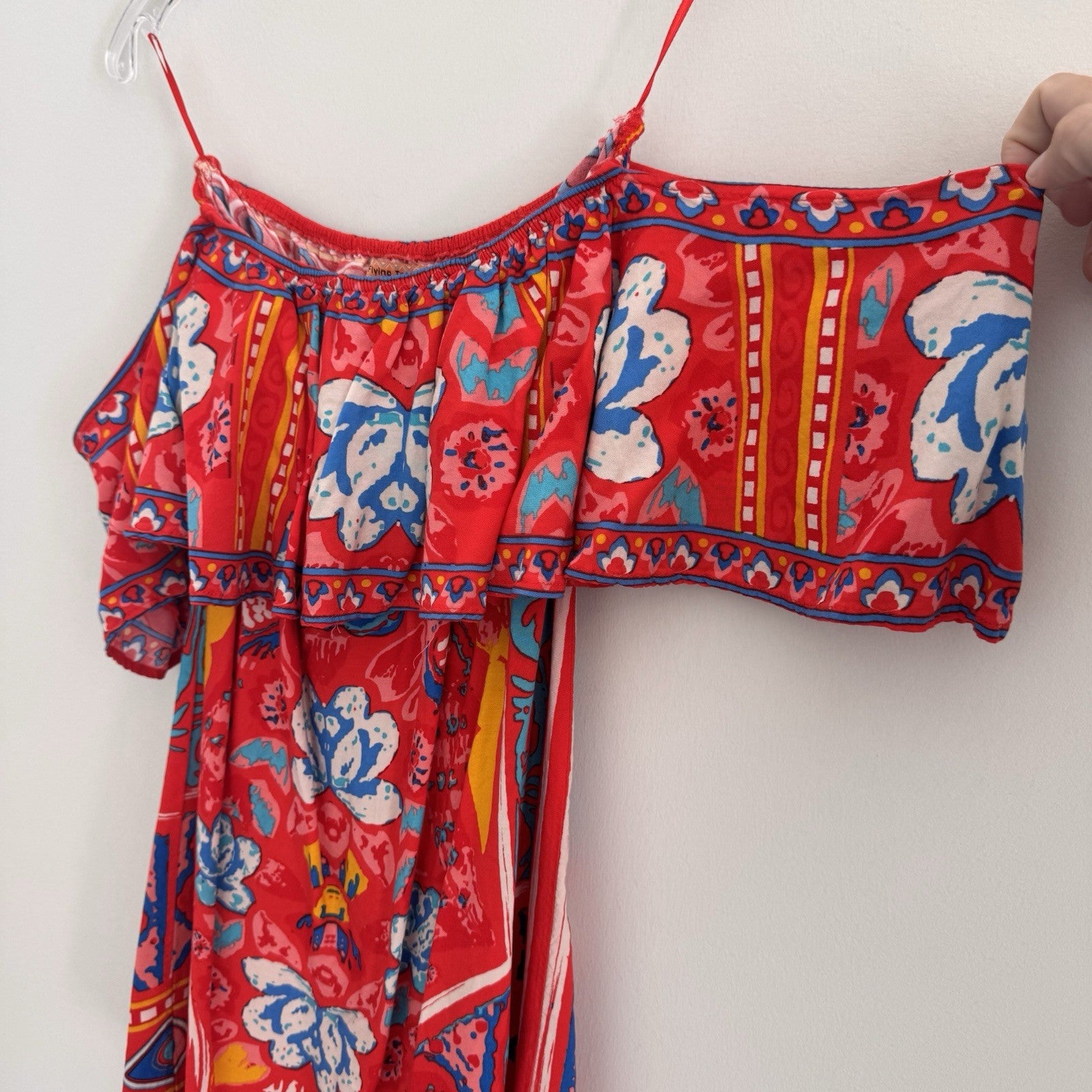Flying Tomato Red Boho Floral Dress Women's XS Off the Shoulder Ruffle Rayon