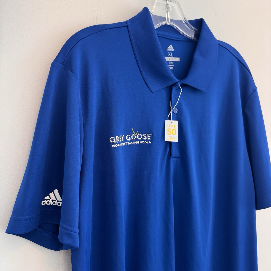 Adidas Golf Men’s XL Blue Grey Goose Vodka UPF 50+ Short Sleeve Polo Shirt