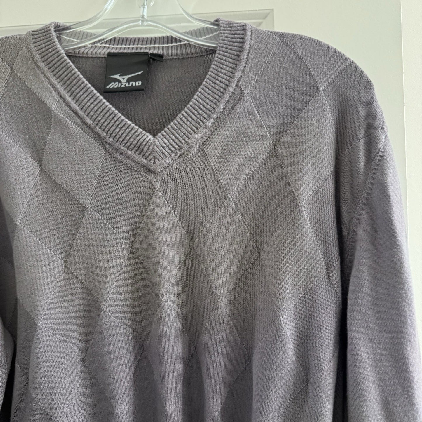 Mizuno Men’s Argyle V-Neck Sweater L Gray Golf Knit Modal Cotton