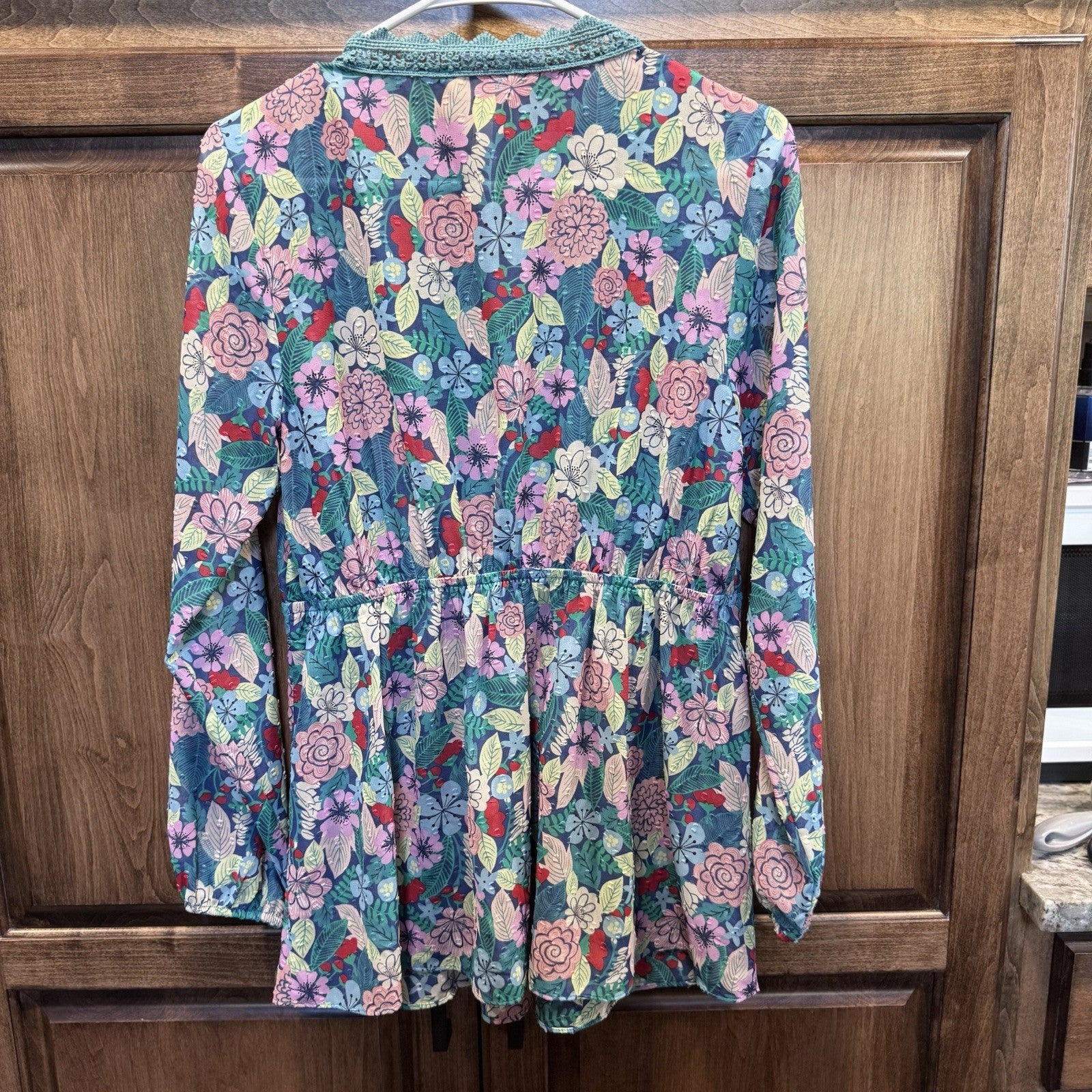 Matilda Jane Floral Long Sleeve Boho Blouse Top Size M Lace Trim Multicolor