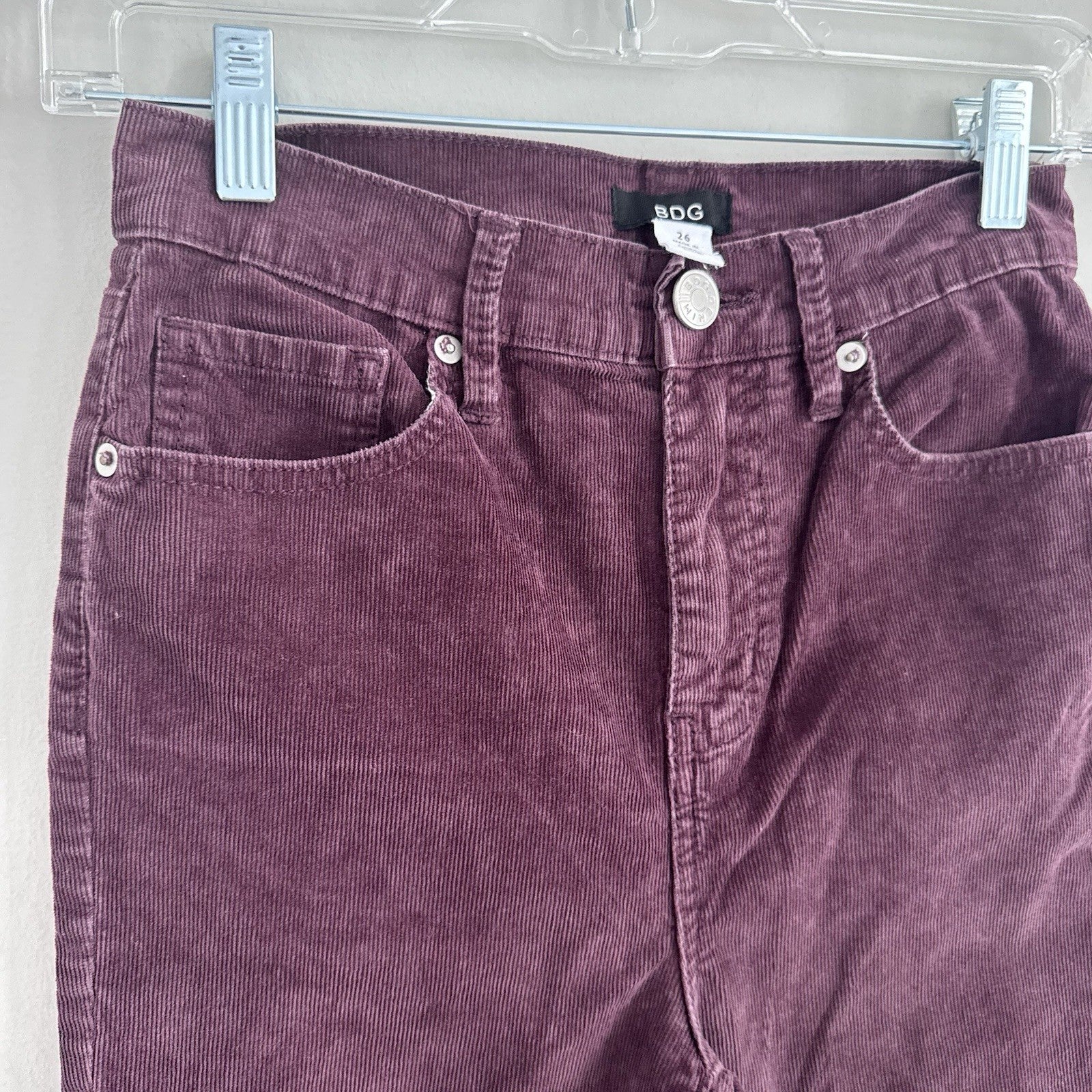 BDG Corduroy Flare Pants 26 Plum High Rise Y2K Raw Hem 90s