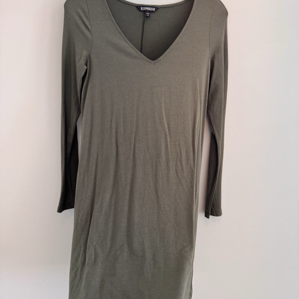 Express Olive Green Long Sleeve V-Neck Women's Casual Shift Dress Small