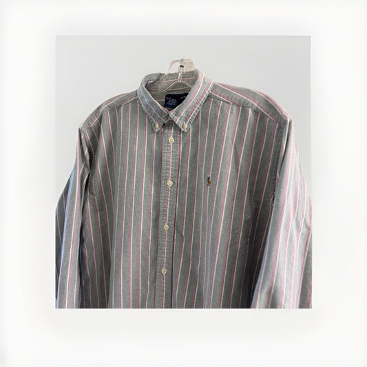 VTG Ralph Lauren Boys XL Button Down Shirt Green Pink Stripe Oxford Long Sleeve