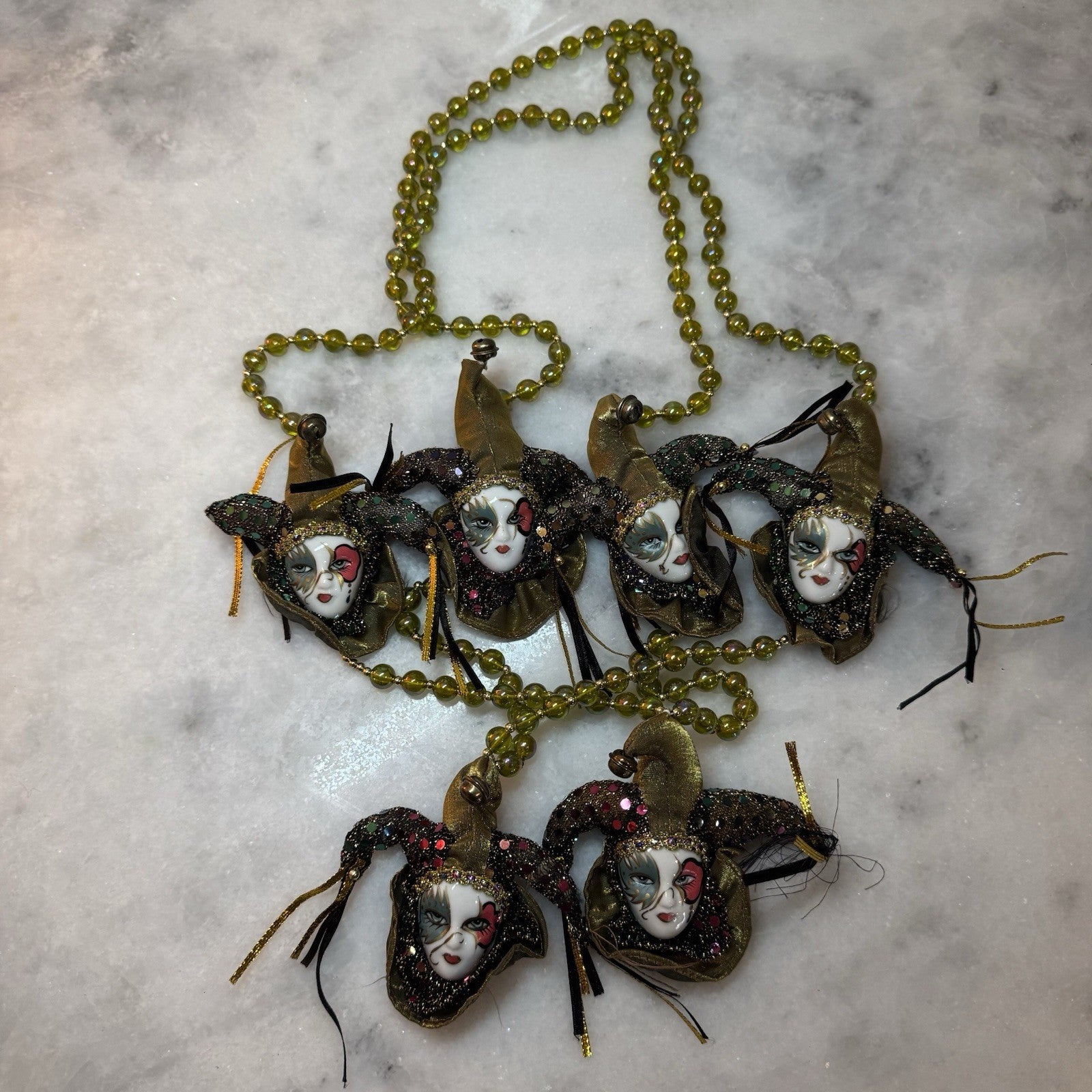 Vintage Venetian Mardi Gras Mask Beads Necklace 6 Faces Green Gold