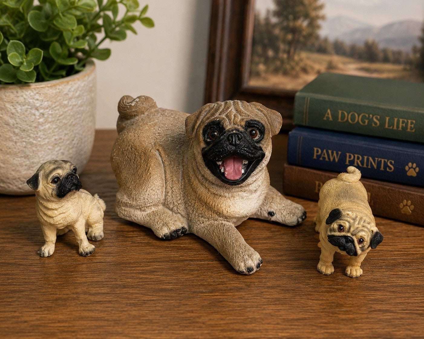 Vintage Pug Dog Figurine Set Resin Statue Decor Collectible Lot of 3
