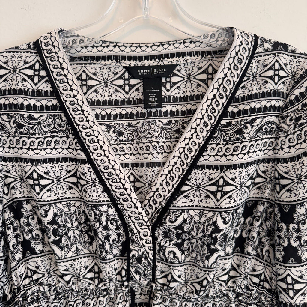 White House Black Market Boho Dress Black White Print Women’s 2