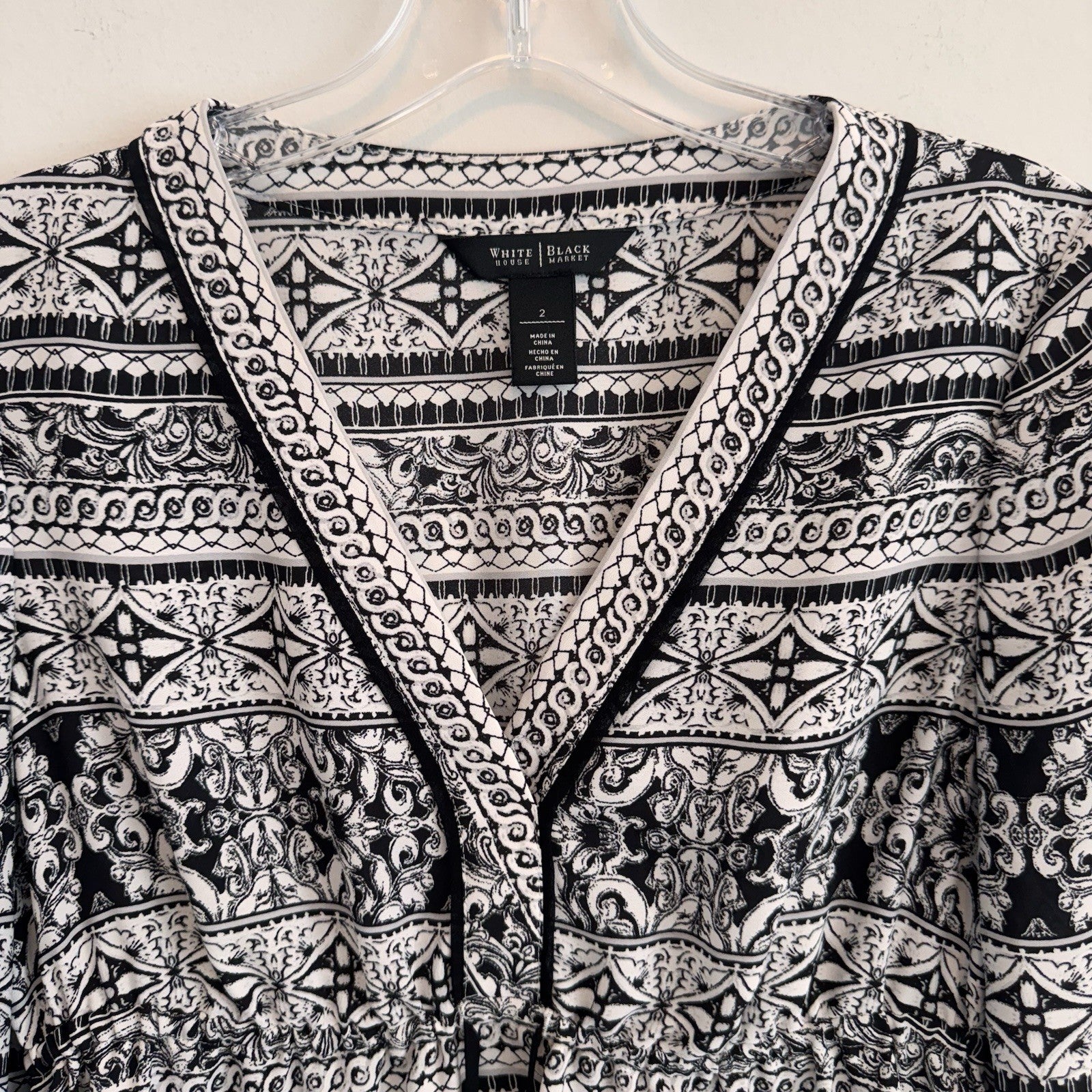 White House Black Market Boho Dress Black White Print Women’s 2