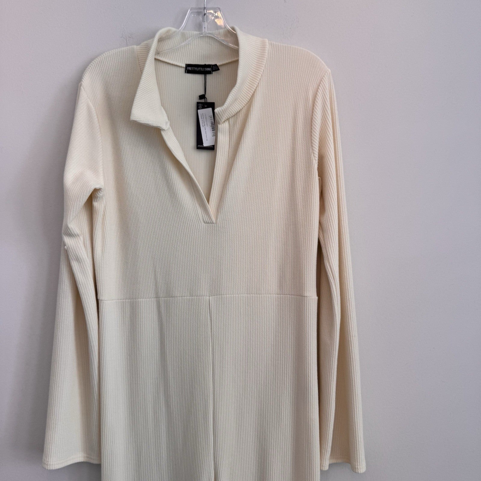 PrettyLittleThing Maternity Cream Rib Collar Flare Jumpsuit US 12 NWT