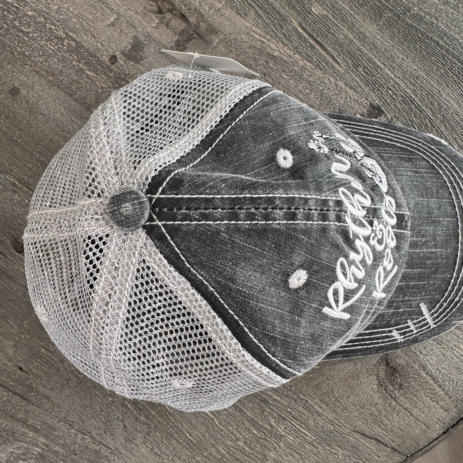 Katydid Rhythm & Roots Guitar Trucker Hat Distressed Black NWT  Boutique Music