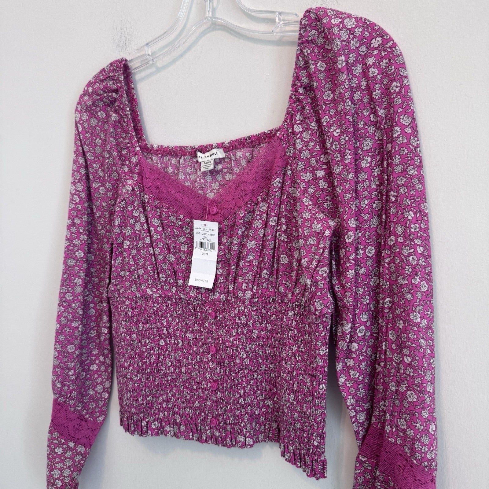 American Eagle Floral Smocked Crop Top Pink Cottagecore Boho S NWT Womens