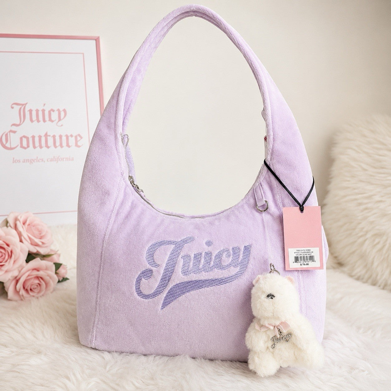 Juicy Couture Too Cute Hobo Bag Lilac Mist Velour Shoulder Bag Bear Charm NWT