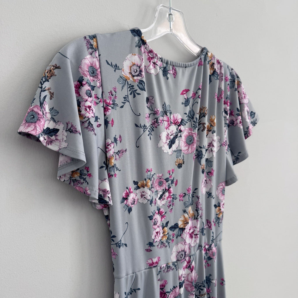 Paper Doll Women’s Floral Wrap Dress Gray Pink Flutter Sleeve Size M