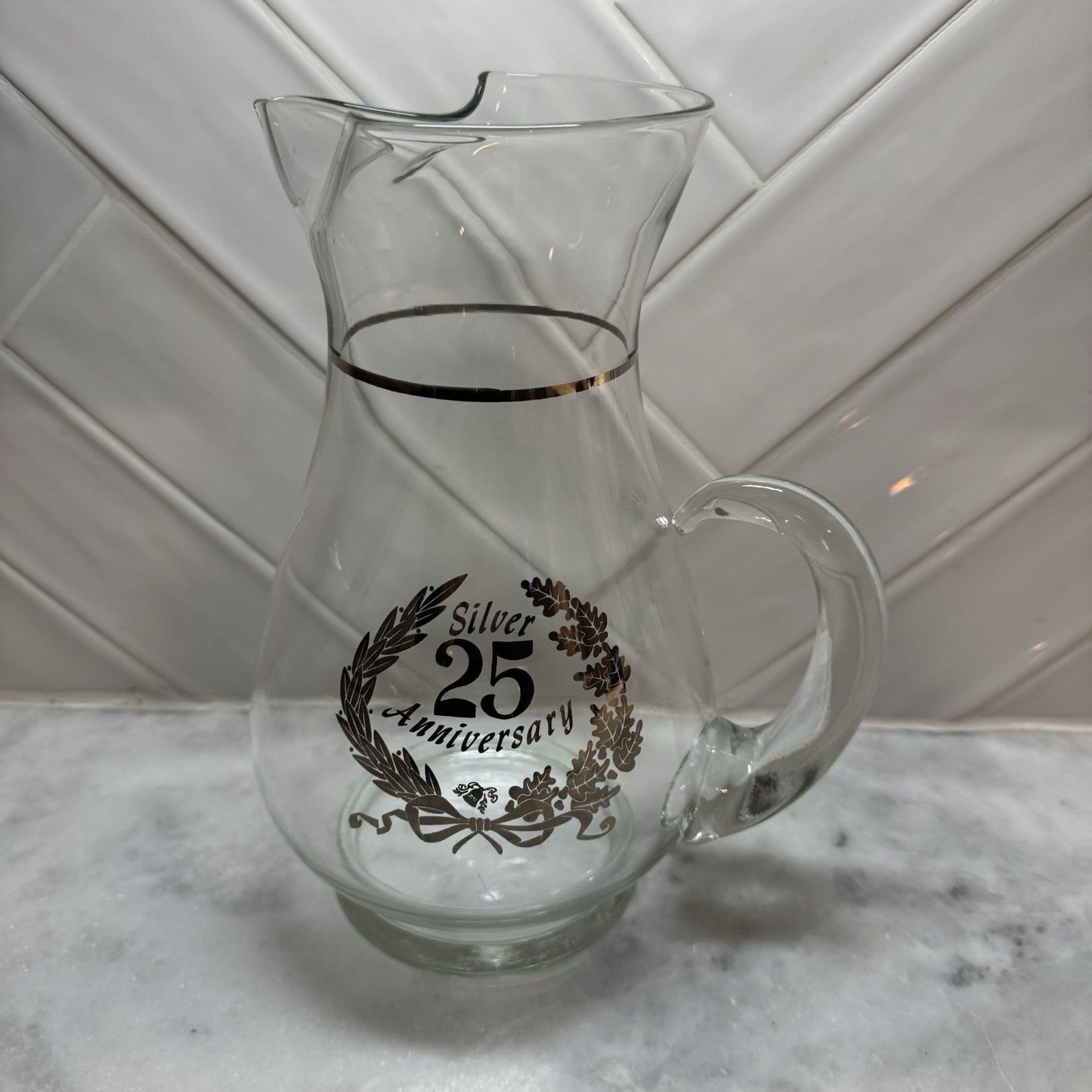 Vintage Silver 25th Anniversary Glass Pitcher Carafe Gold Trim Weston