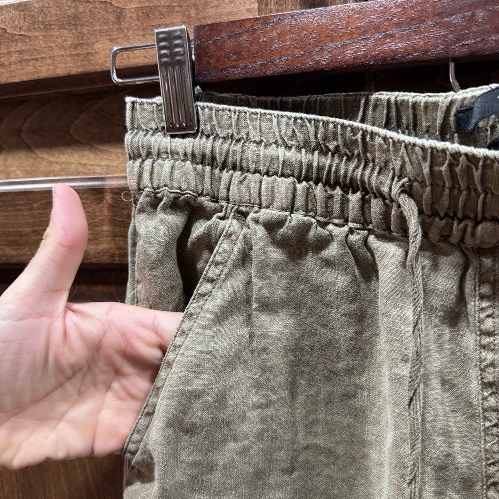 Nicole Miller 100% Linen Womens Pants Elastic Waist Pockets Brown Olive green S