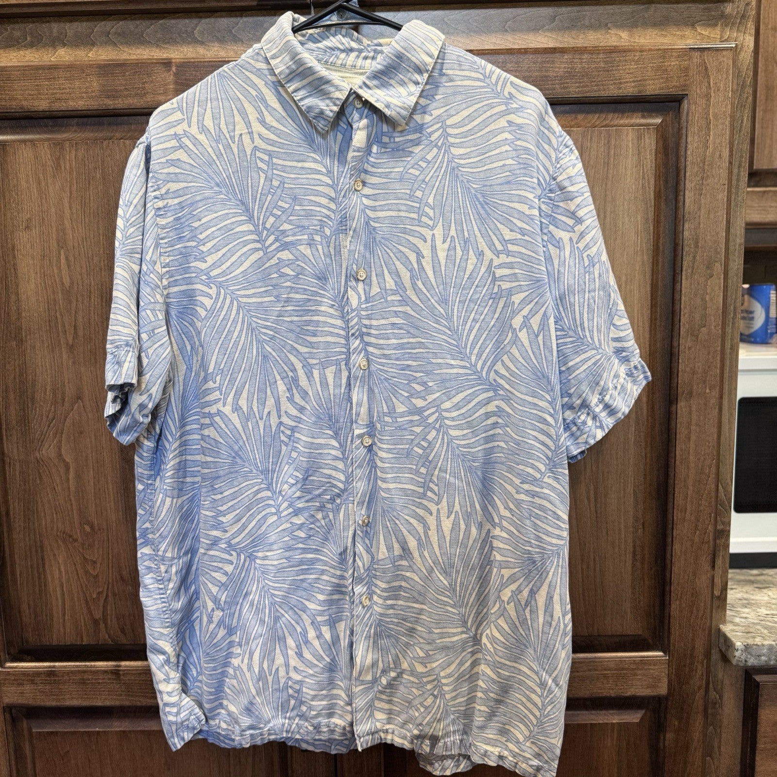 Tasso Elba Island Blue White Palm Print Short Sleeve Button-Up Shirt XL