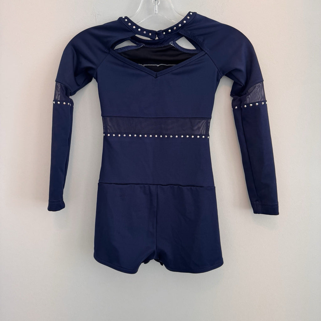 Varsity Spirit Hotshots Girls YM Navy Blue Rhinestone Cheer Uniform Romper