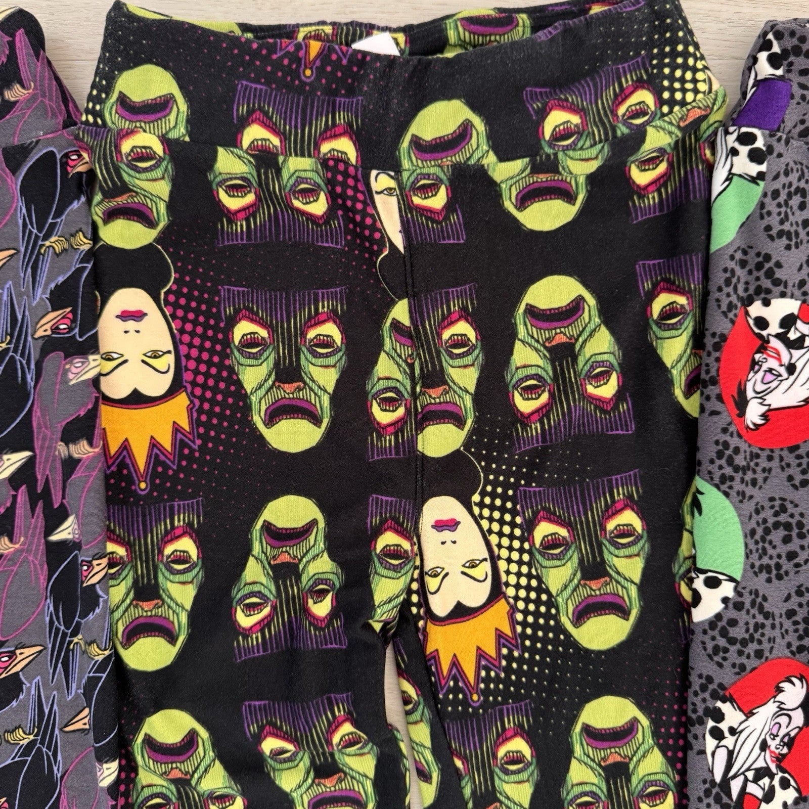 LuLaRoe Disney Villains Leggings Lot 4 L/XL Cruella Scar Evil Queen Maleficent