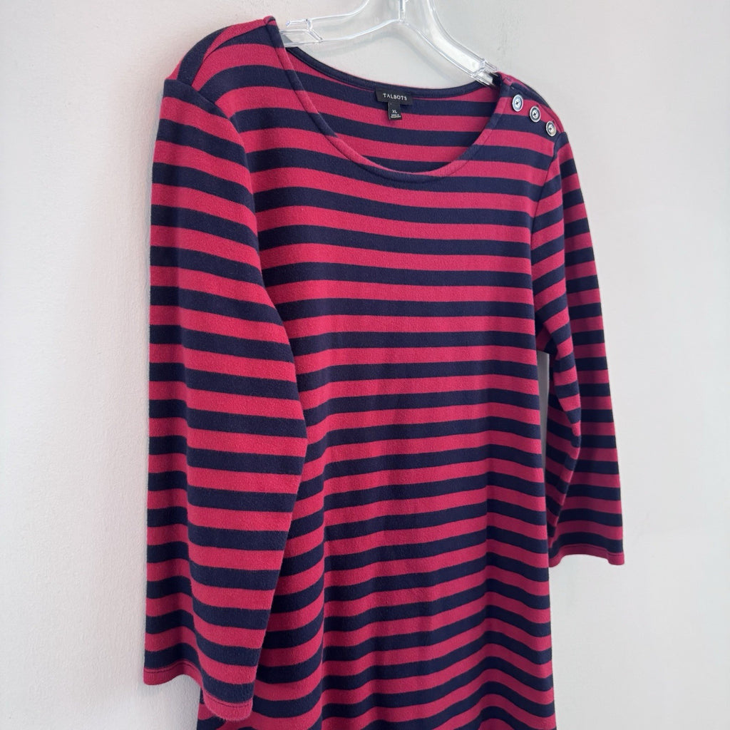 Talbots XL Red Navy Stripe Dress 3/4 Sleeve Nautical Button Shoulder