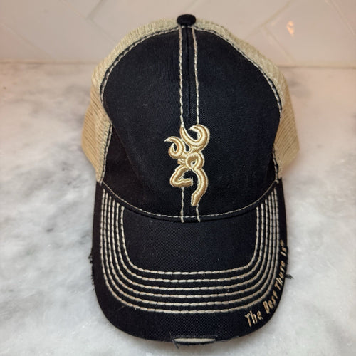 Browning Buckmark Mesh Trucker Hat Cap Black Tan Distressed Hunting OSFM
