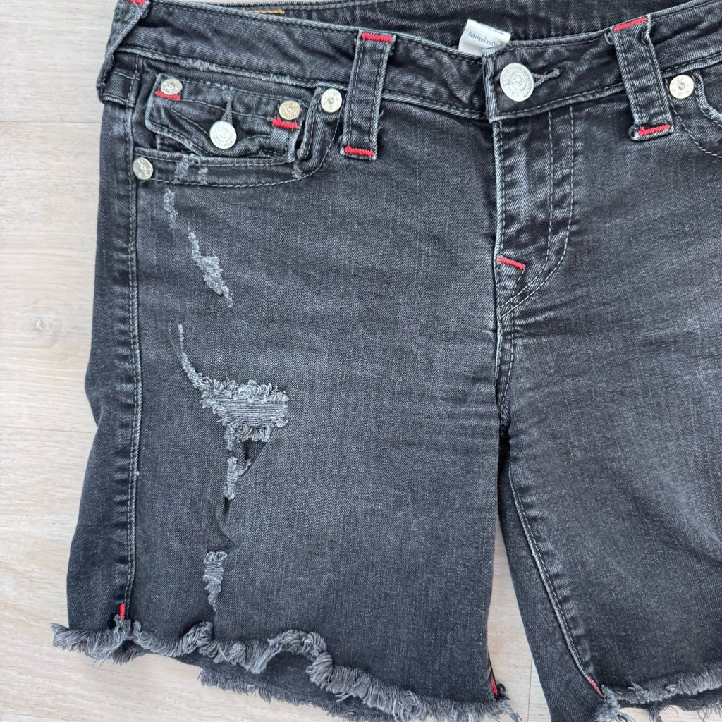 True Religion Y2K Cut Off Shorts 30 Black Red Stitch Flap Women’s