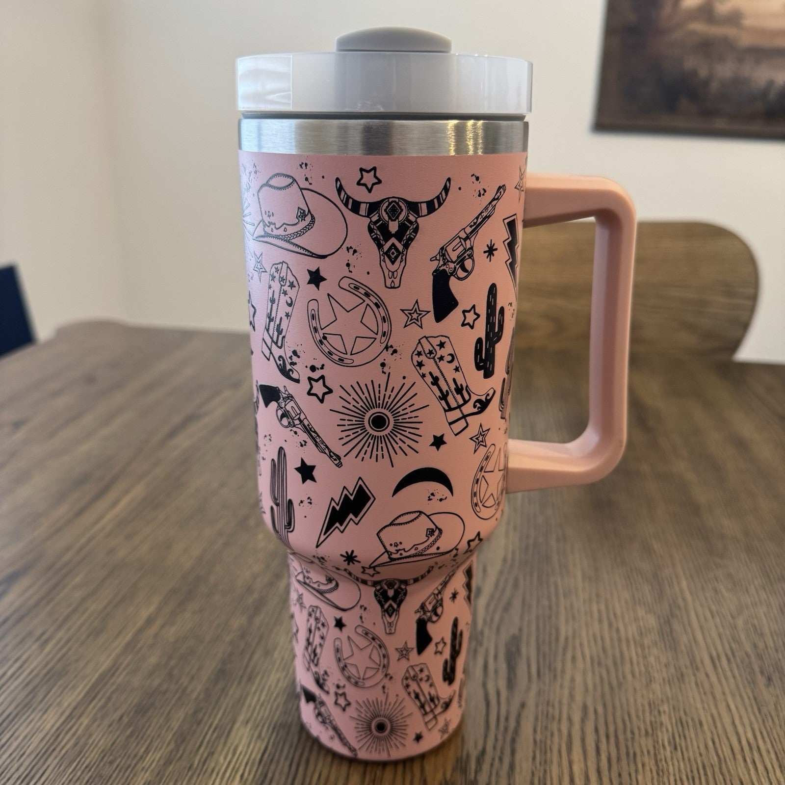 Pink Western Long Horn Gun Stainless Steel, Engraved Thermal Cup 40 Oz