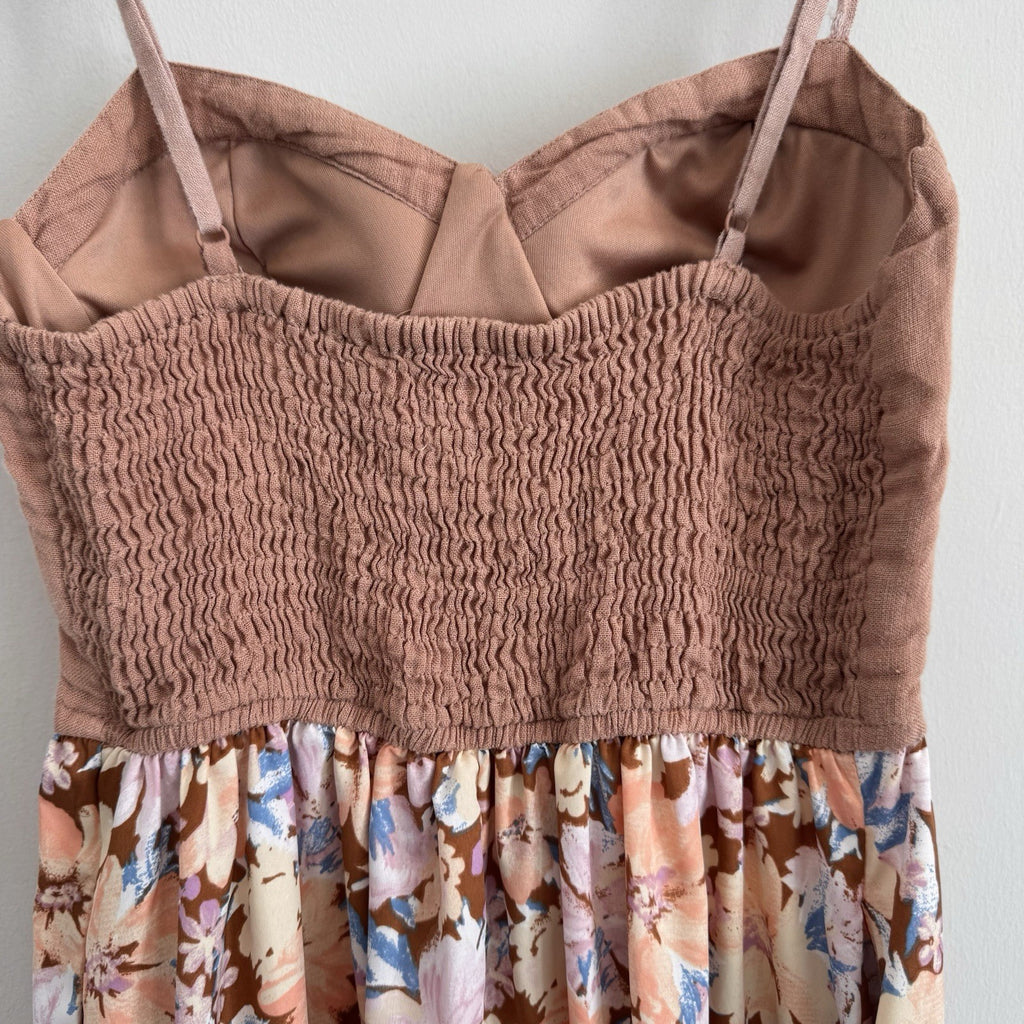 Band of the Free Floral Linen Maxi Dress Small Mauve Pink Smocked Corset Womens
