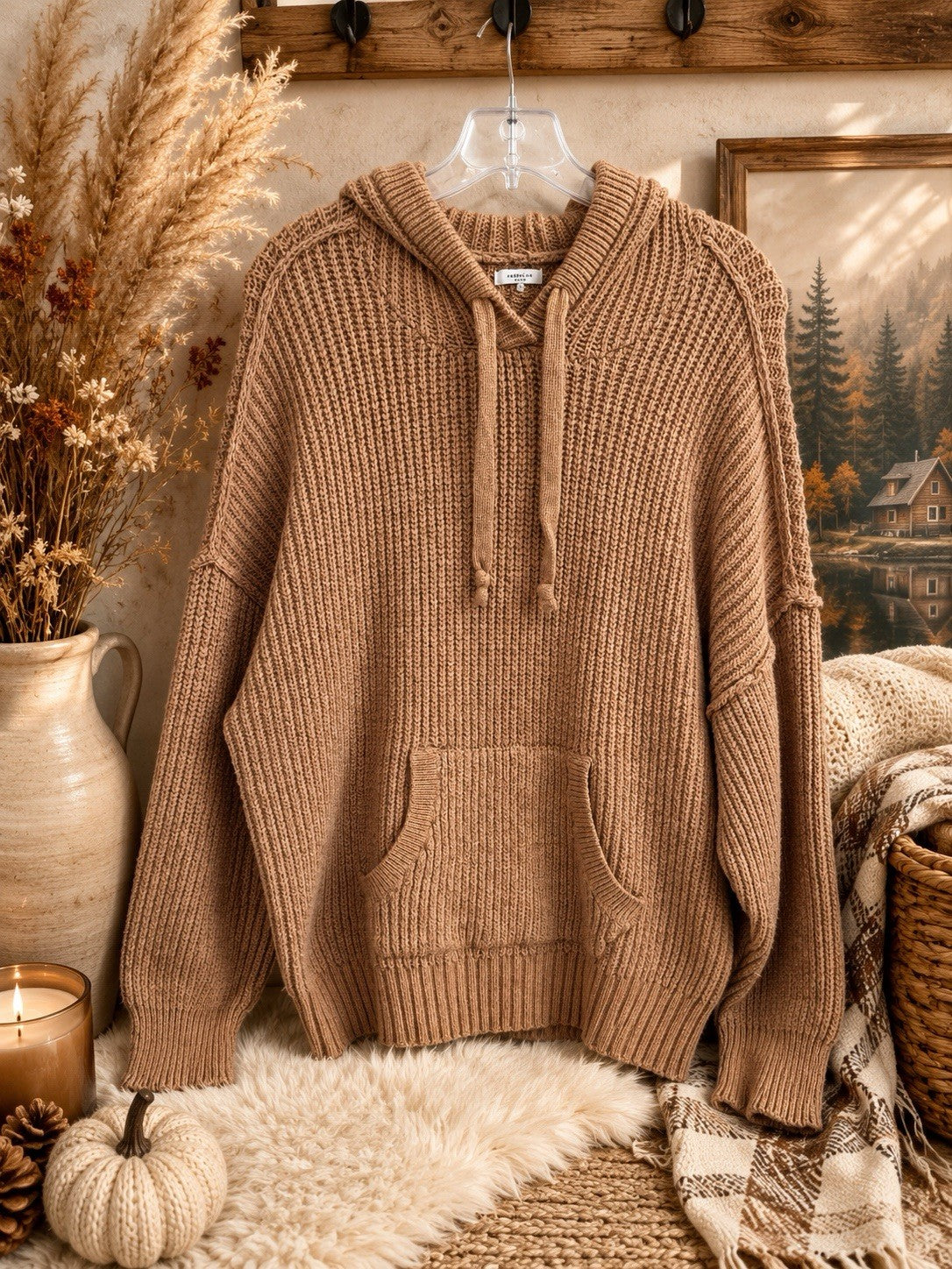 American Eagle Hooded Chunky Knit Sweater Hoodie Tan Beige Oversized M Women’s