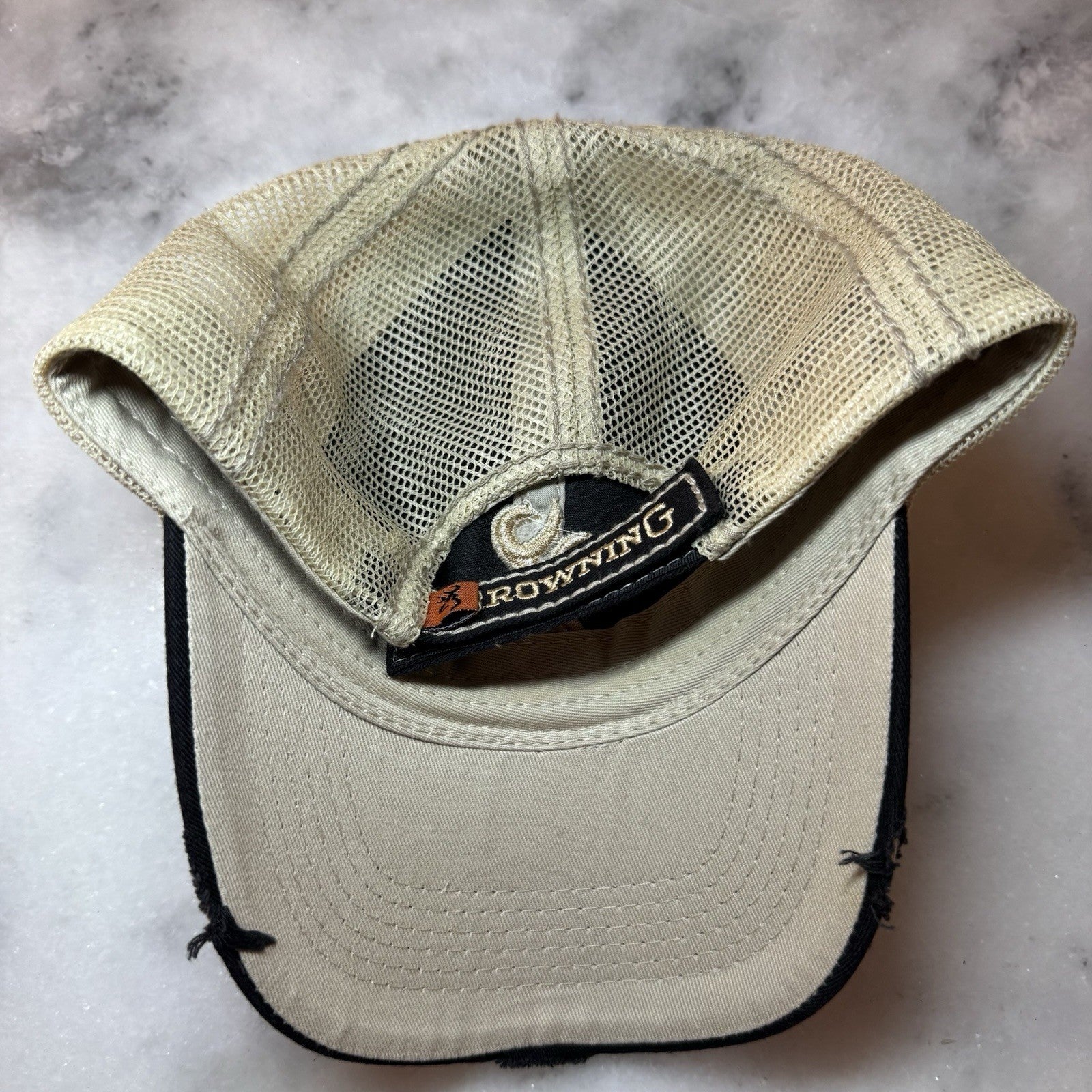 Browning Buckmark Mesh Trucker Hat Cap Black Tan Distressed Hunting OSFM