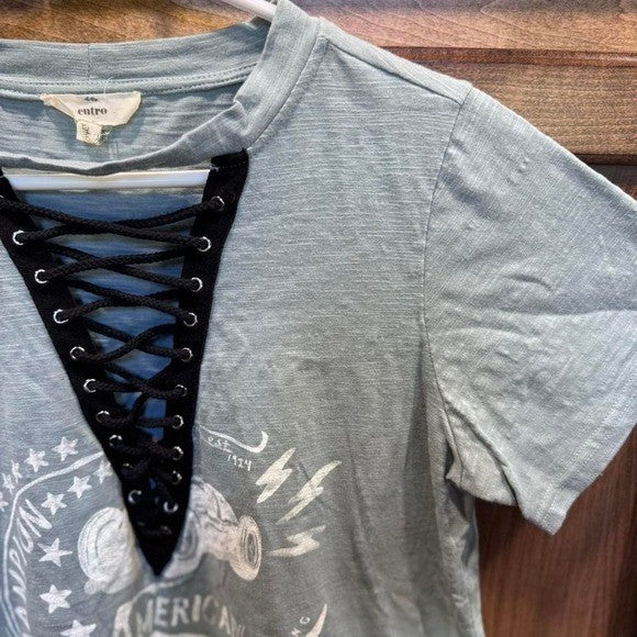 Entro Lace-Up Graphic Tee American Racing Moto Print Sz L