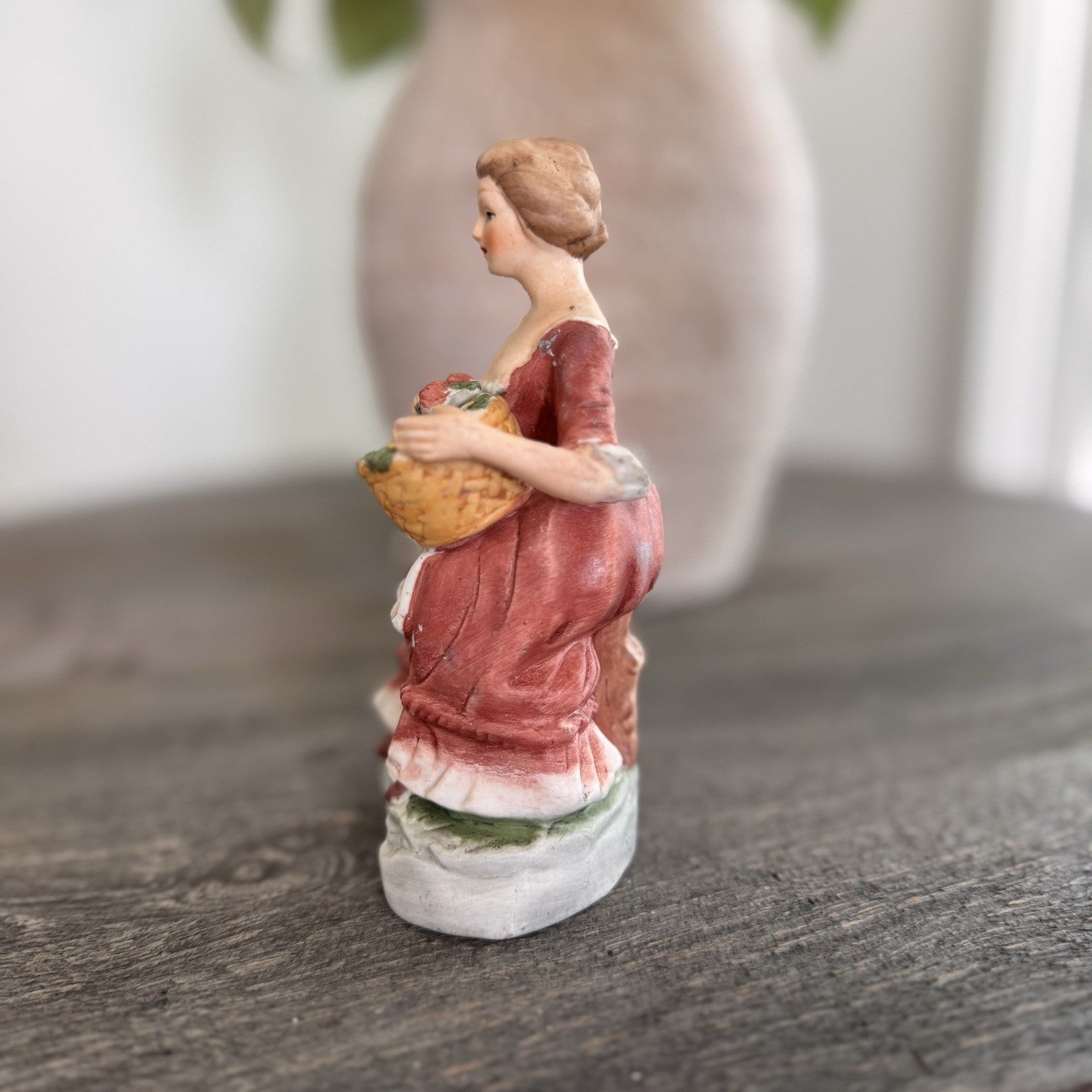 Vintage Porcelain Colonial Lady Figurine Korea Flower Basket Bisque Finish 5"