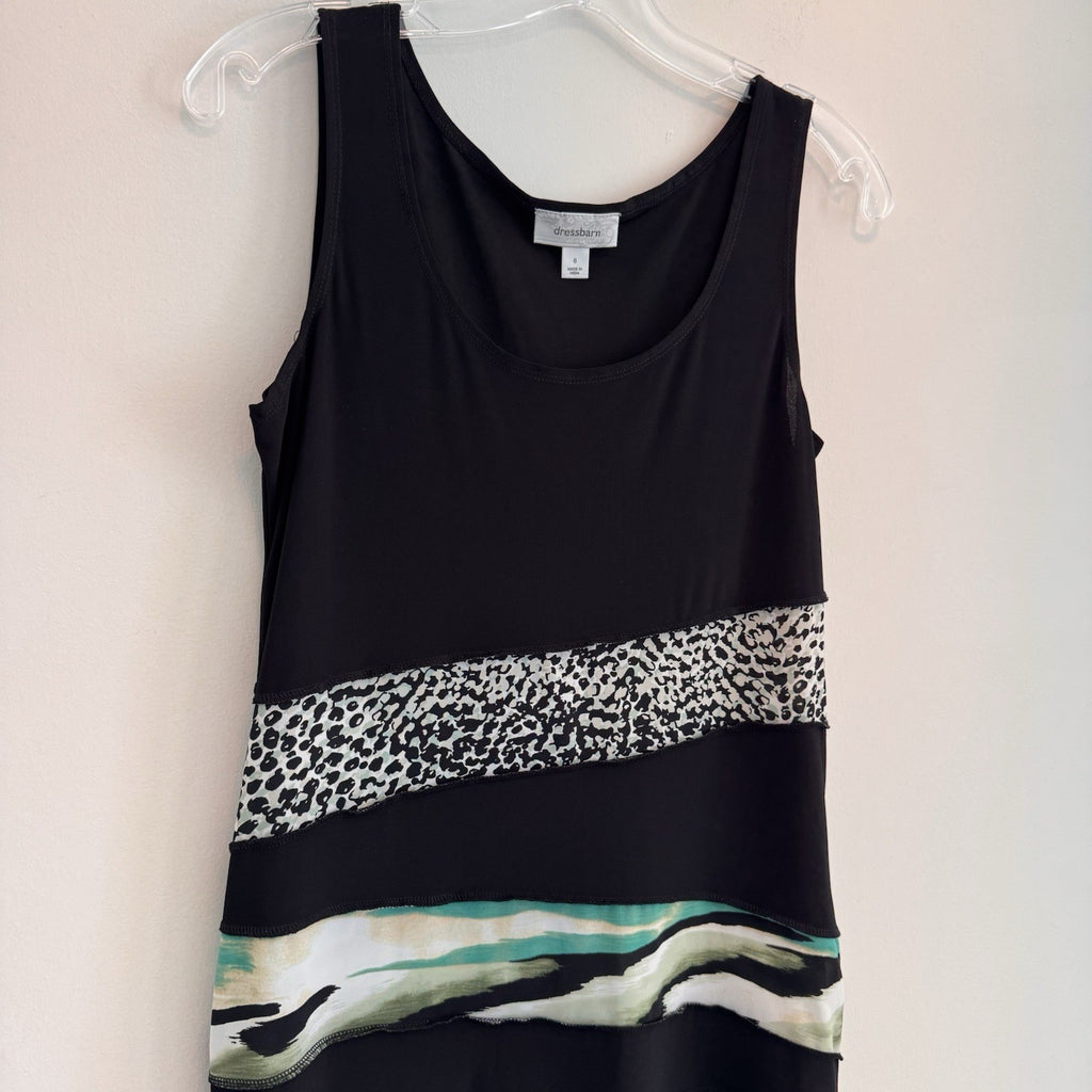 Dressbarn Women 6 Black Shift Dress Leopard Print Teal Tiered Ruffle Sleeveless