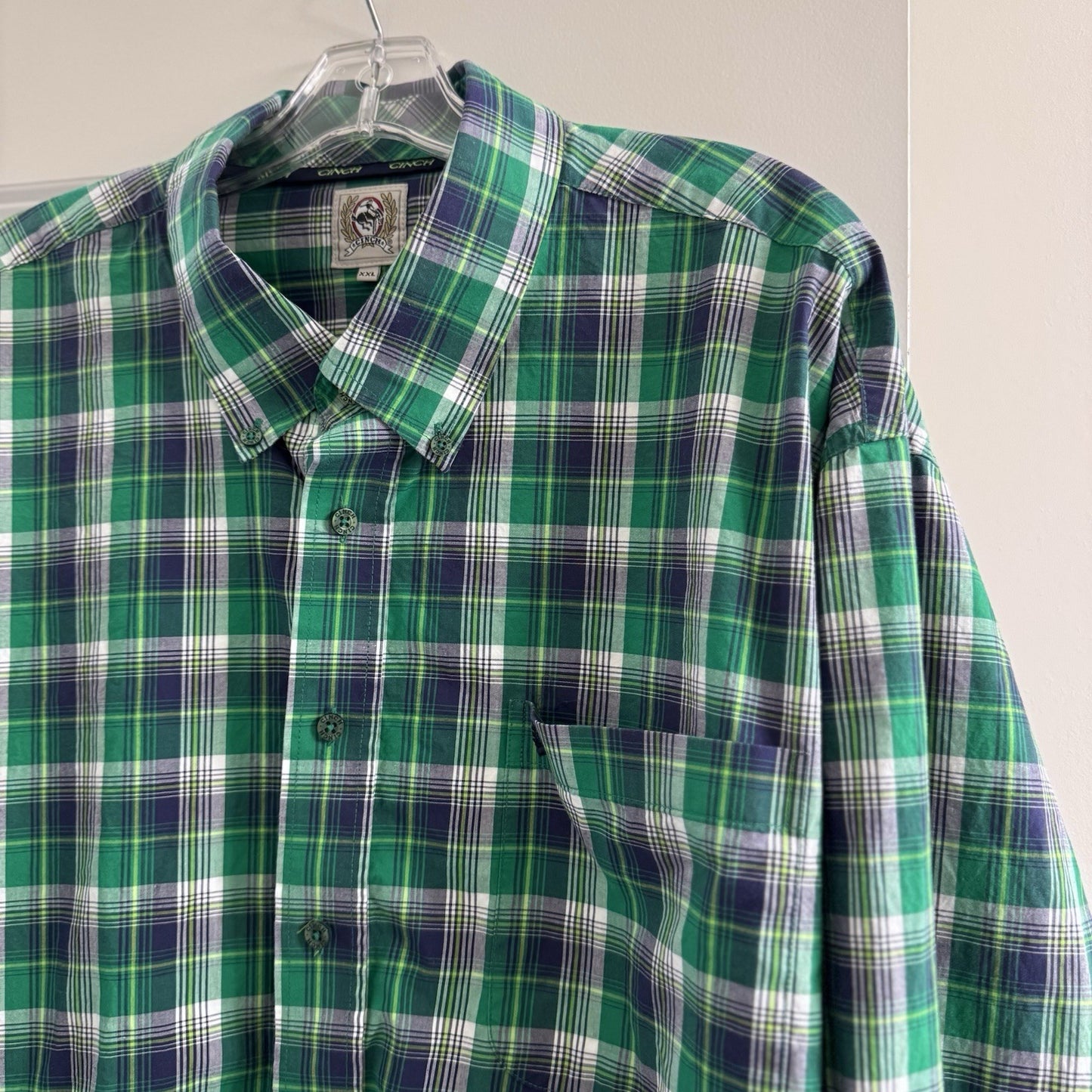 Cinch Men’s Plaid Button Down Shirt XXL Green Blue Western Cowboy Ranchwear