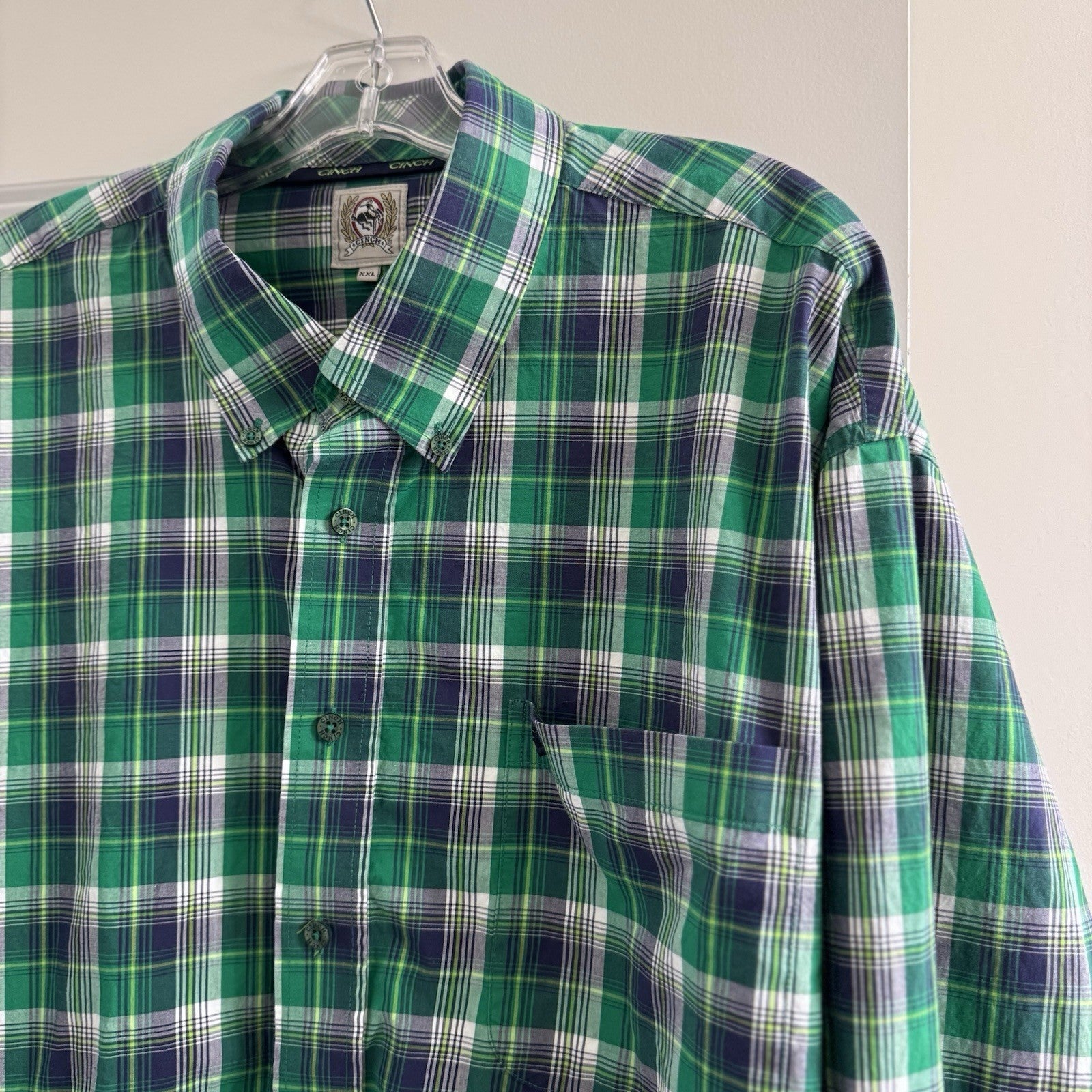 Cinch Men’s Plaid Button Down Shirt XXL Green Blue Western Cowboy Ranchwear