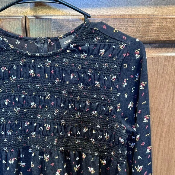 ASOS Size 6 Daisy Street shirred mini smock dress in navy ditsy floral