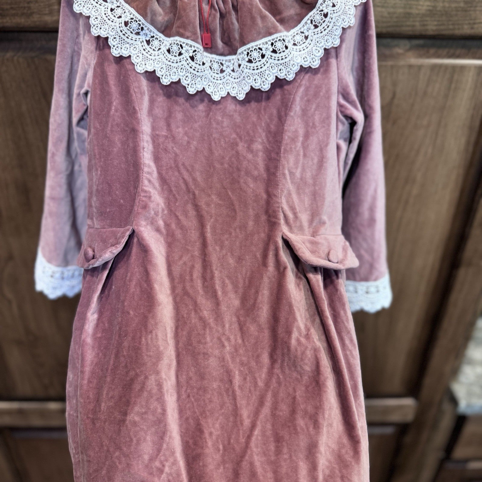 La Coqueta Velvet Pink Long Sleeve Dress with Lace Trim | Size 8 | 100% Cotton