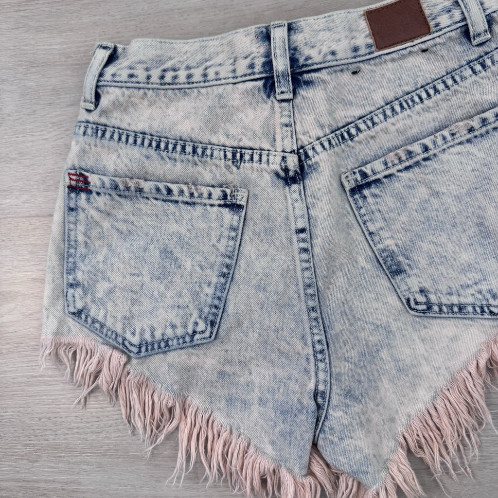 BDG Urban Outfitters High Rise Cheeky Pink Fringe Denim Shorts Acid Wash 25 Y2K