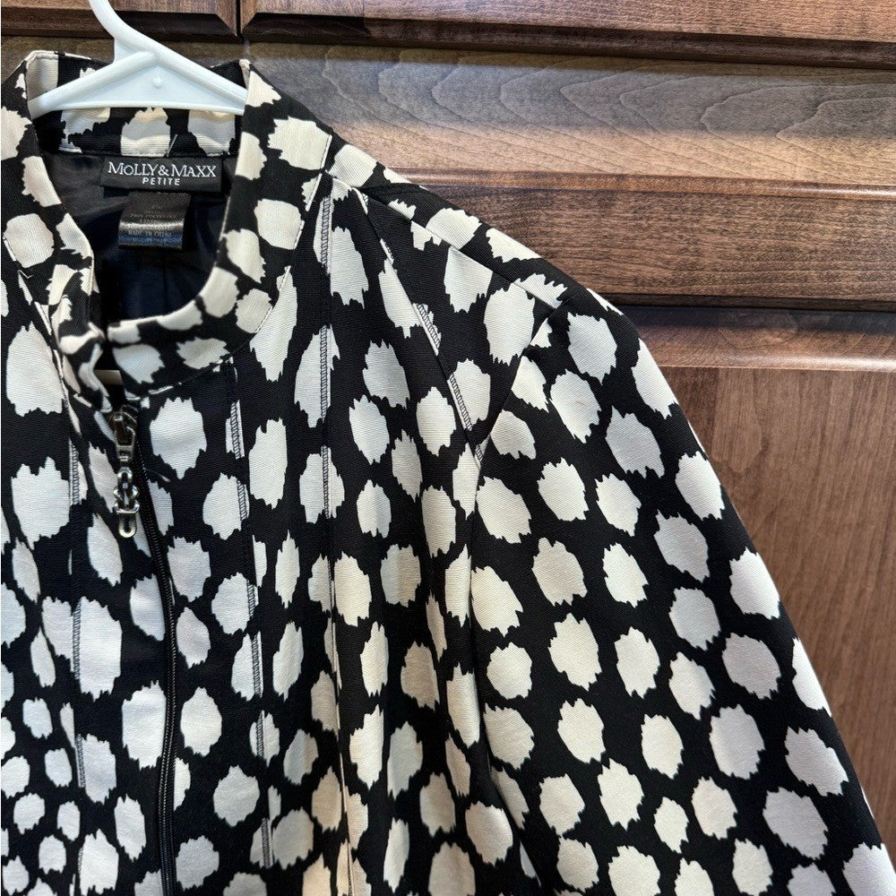 Molly & Maxx Black and White Zip Up Jacket Blazer Size Petite Medium Lined Dots